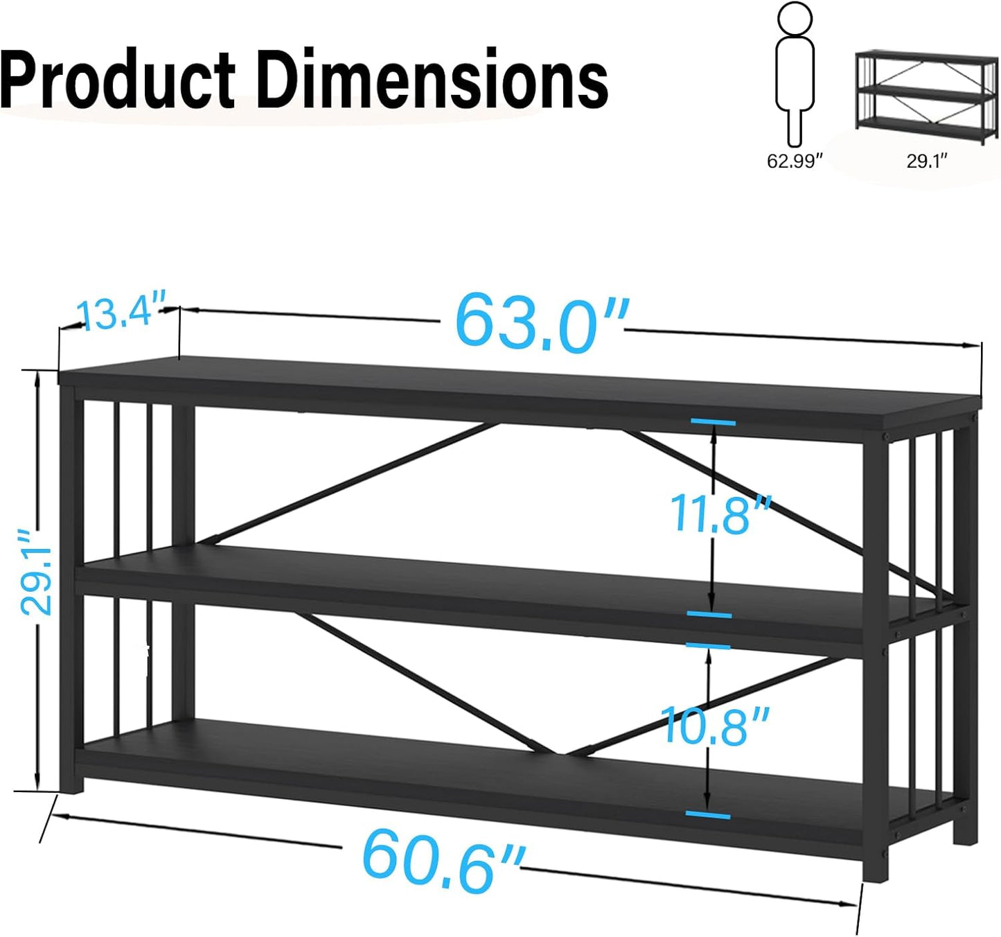 LVB Black Entryway Table, Modern Narrow Console for Hallway, Industrial Farmhouse Foyer Table with Storage Shelves, 63 Inch