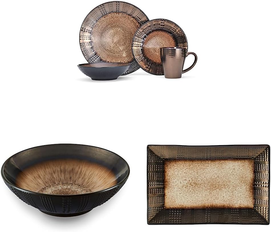 Gourmet Basics by Mikasa Verona 16-Piece Dinnerware Set & Cream Serving Bowl, 9 Inch & Cream Rectangular Platter, 13.75 Inch