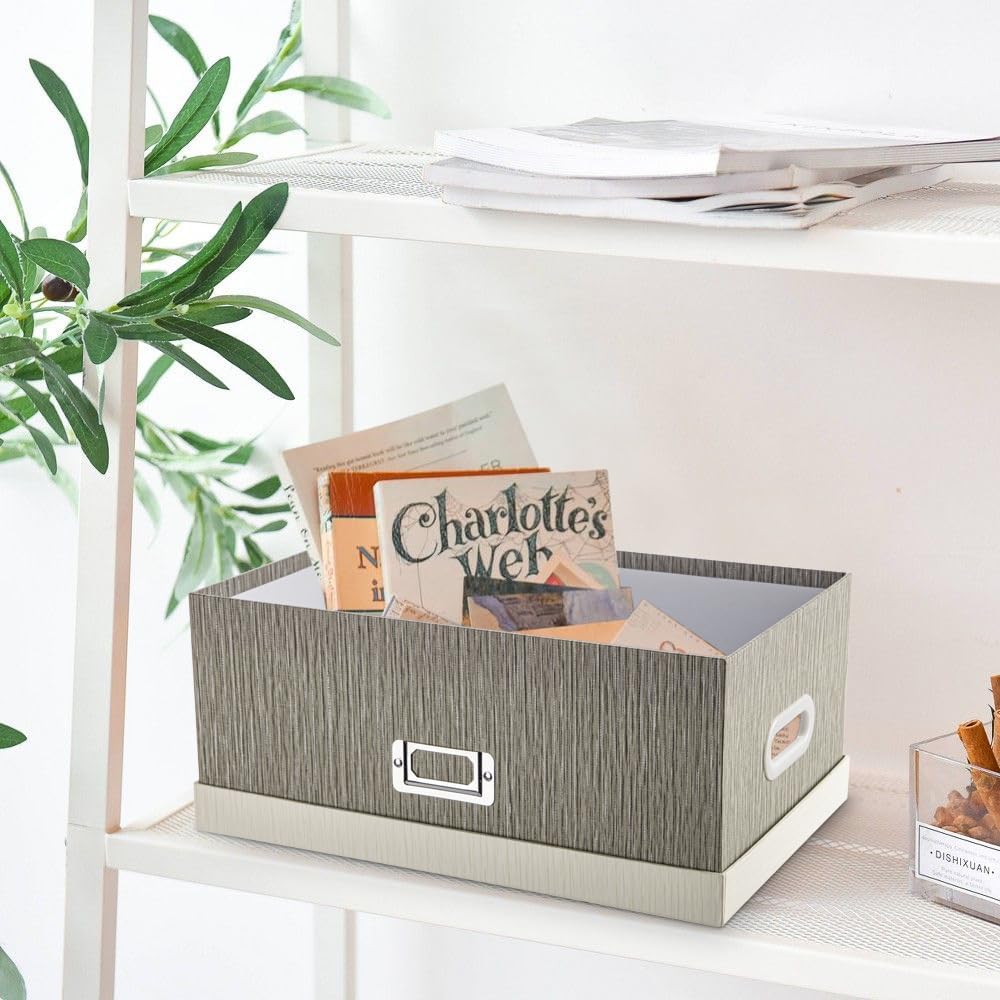 Briful Set of 2 Decorative Storage Boxes with Lids – Gray & White Nesting Organizer Bins, 14'' + 13'' Set Rectangular Fabric Covered Cardboard Boxes for Office, Closet, or Home Decor