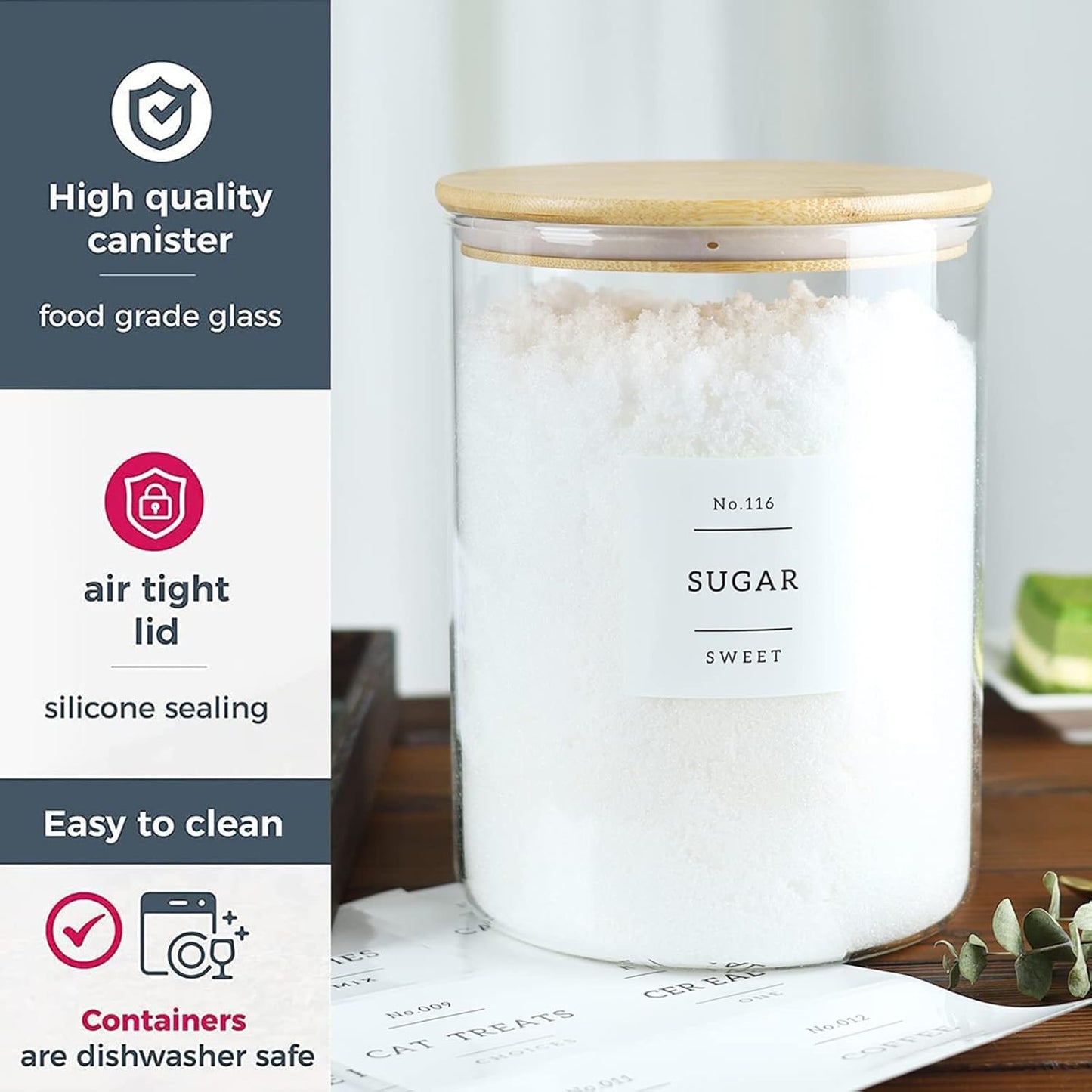 Large Glass Flour and Sugar Containers Jars with Bamboo Airtight Lid - 100 Fl Oz (3000ml) with Kitchen 42 Pantry Labels for Dry Food, Flour, Pasta, Cereal