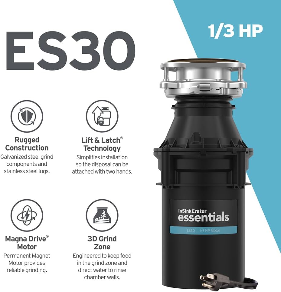 InSinkErator ES30 W/C 1/3 HP Motor Continuous Feed Kitchen Garbage Disposal with Power Cord