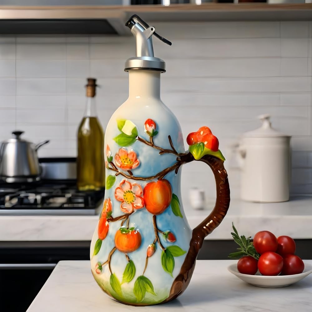 18.26oz/540ml Ceramics Olive Oil Dispenser Bottle,Hand Painted Reliefs Oil Dispenser for Kitchen,Oil Bottles for Kitchen (Persimmon)