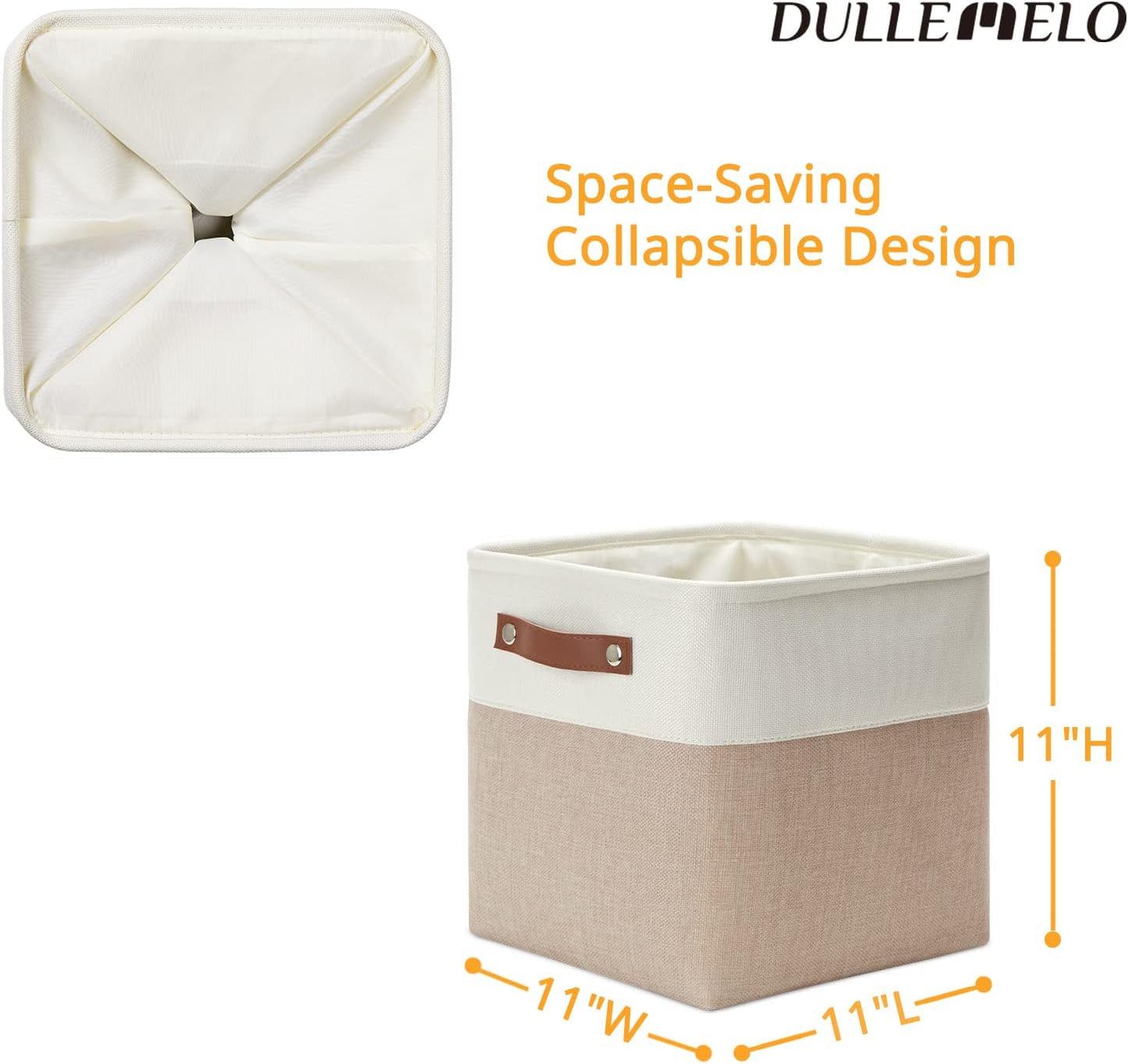 DULLEMELO 11 inch Cube Storage Bins, Large Collapsible Grey Storage Baskets for Square Cubes Organizing, Fabric Boxes Bins for Shelves Nursery Home Office Storage(4 Pack - 11" White&Khaki)