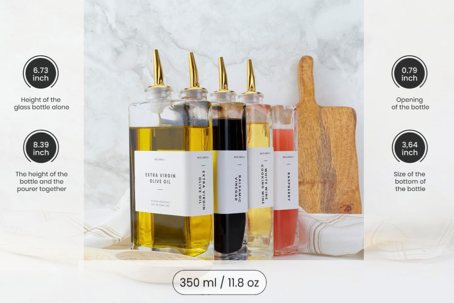 Molimoli Olive Oil Dispenser Bottle for Kitchen, Automatic Pourer, Glass Dispenser for Kitchen, Olive Oil Cruet, | Set of 4 - Gold