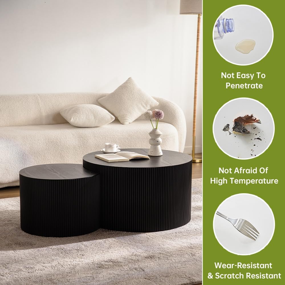 Round Nesting Coffee Table Modern Black Fluted Coffee Table Set of 2 Stripe Round Coffee Tables Drum Crescent Side Table Accent End Table for Living Room (Black B Large)