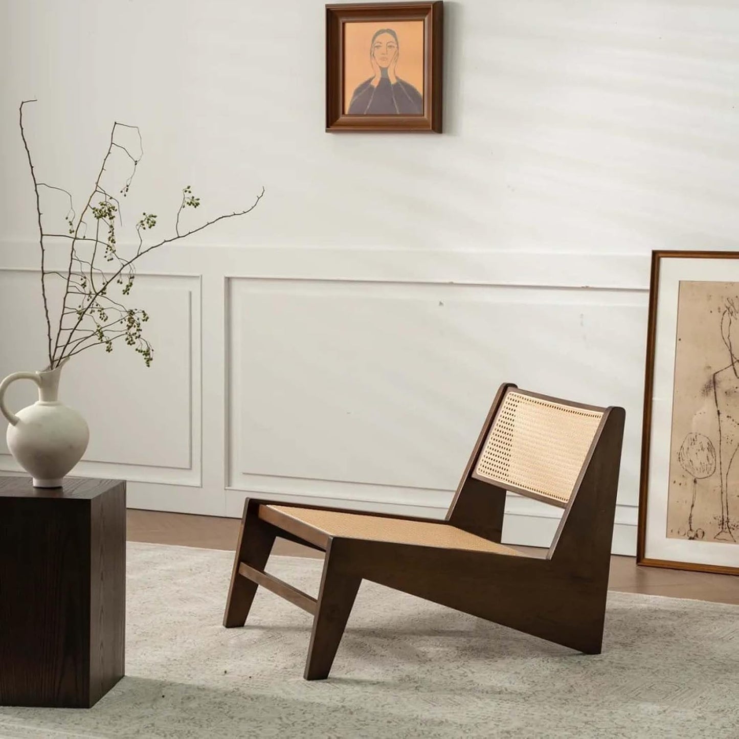 Rattan Chair 2Pcs, Mid-Century Accent Chair, Rattan Lounge Chair for Living Room, Boho Side Corner Comfy Chair for Bedroom and Balcony, Walnut