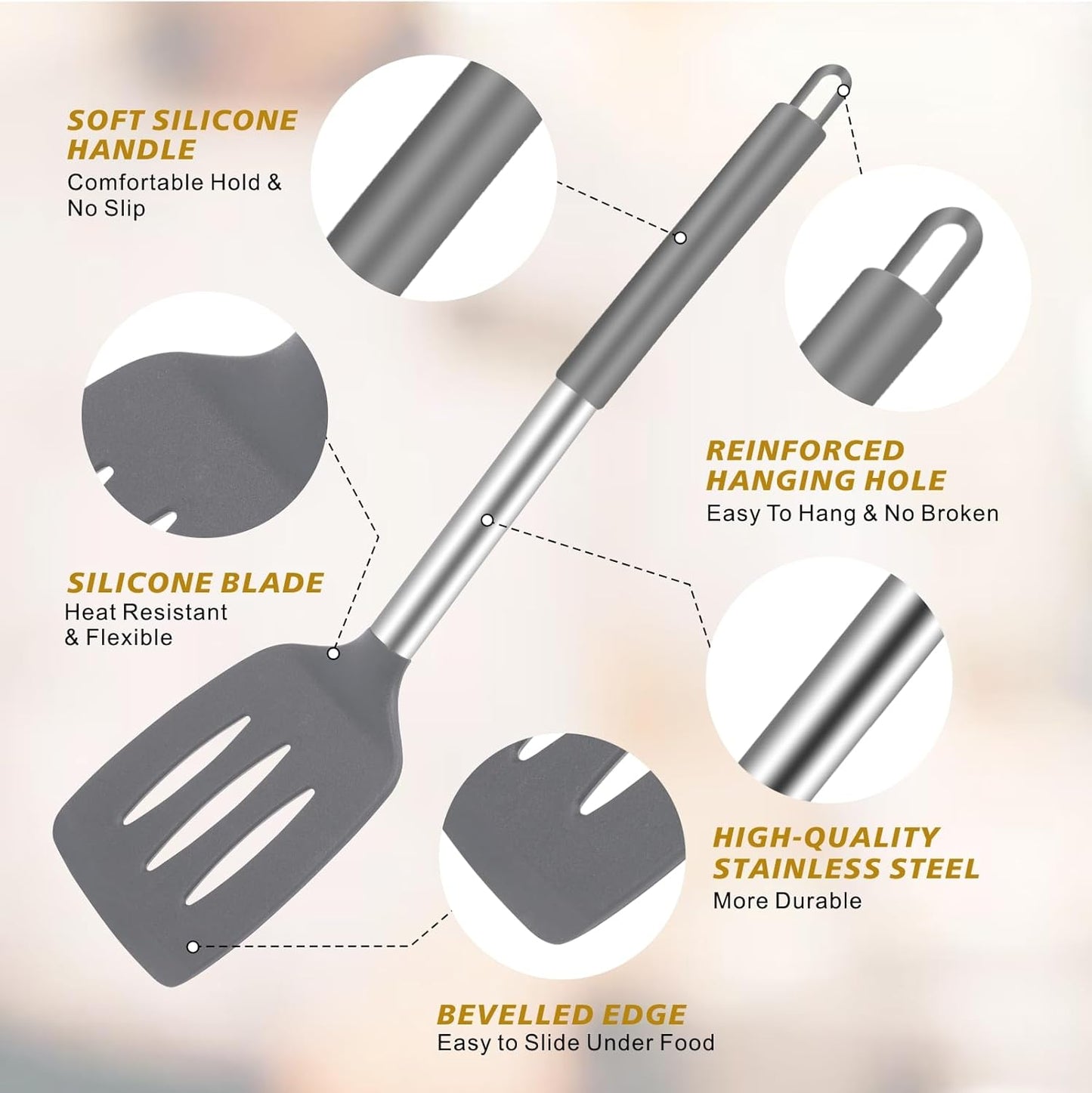 5-Piece Silicone Kitchen Tool Set, BPA-Free, Heat-Resistant, Non-Stick & Dishwasher-Safe, with Slotted/Solid Spoons & Spatulas for Frying, Mixing, Draining – Includes Multi-Purpose Serving Hook(Gray)