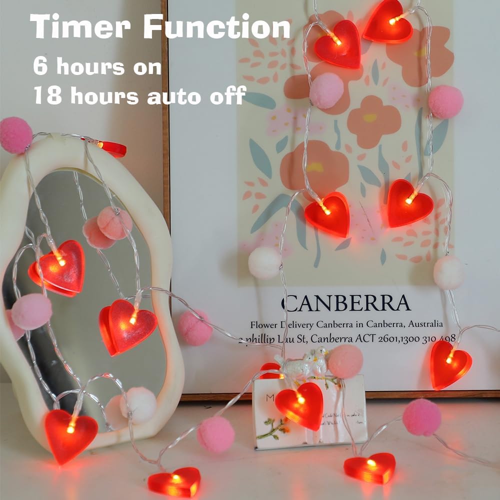 Red Heart String Lights 9.85 Ft Valentines Light with 20 LEDs 20 Pink Pom Poms Garland Lights Battery Operated with Timer Valentines Decorations for Wedding Party Valentine Decor
