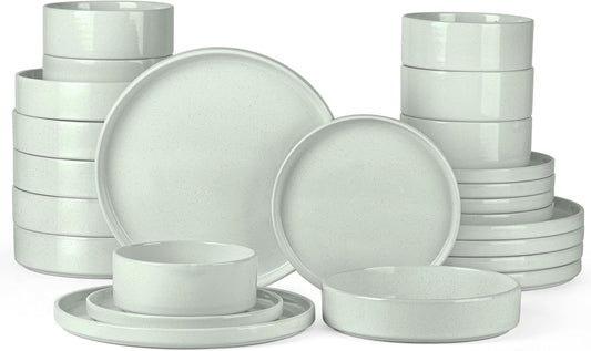 Onader Stoneware Dinnerware Sets for 6 with Double Bowl, 24 Piece Plates and Bowls Dish Dinner Set, Speckled Kitchen Dishware Tableware – Pale Sage Green