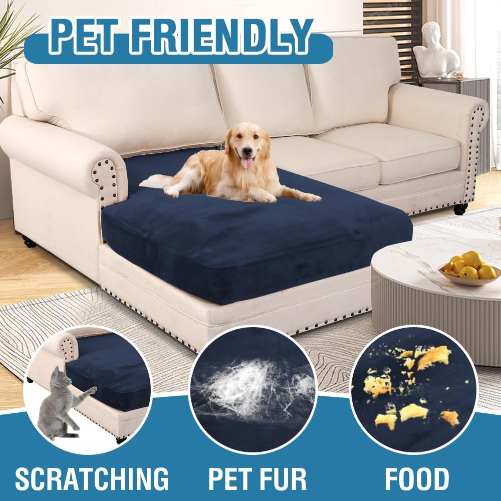 H.VERSAILTEX Velvet Stretch Individual Chaise Cover Sectional Couch Covers for L Shaped Sofa Both Left/Right Furniture Protector Seat Cushion Sofa Cover (1 Piece Chaise Cover, Navy)