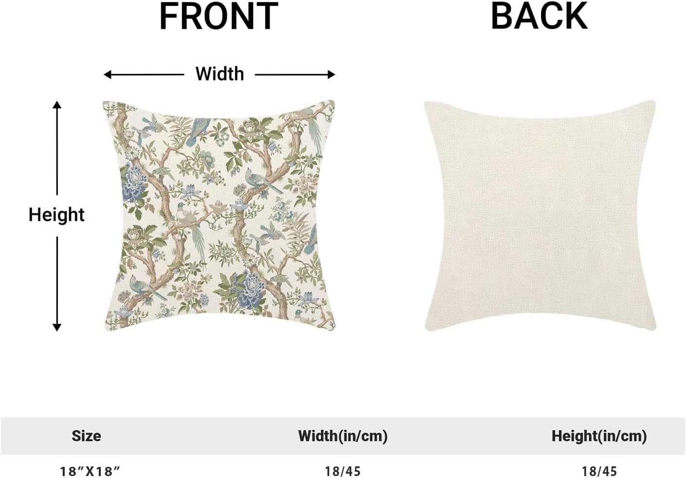 CXMEIFLY Chinoiserie Spring Pillow Covers 18 x 18 Inch Set of 2 for Blue Sage Green Vintage Flowers Bird Decor Throw Pillows Plant Farmhouse Outdoor Decorative Cushion Cases for Couch Bed Decorations