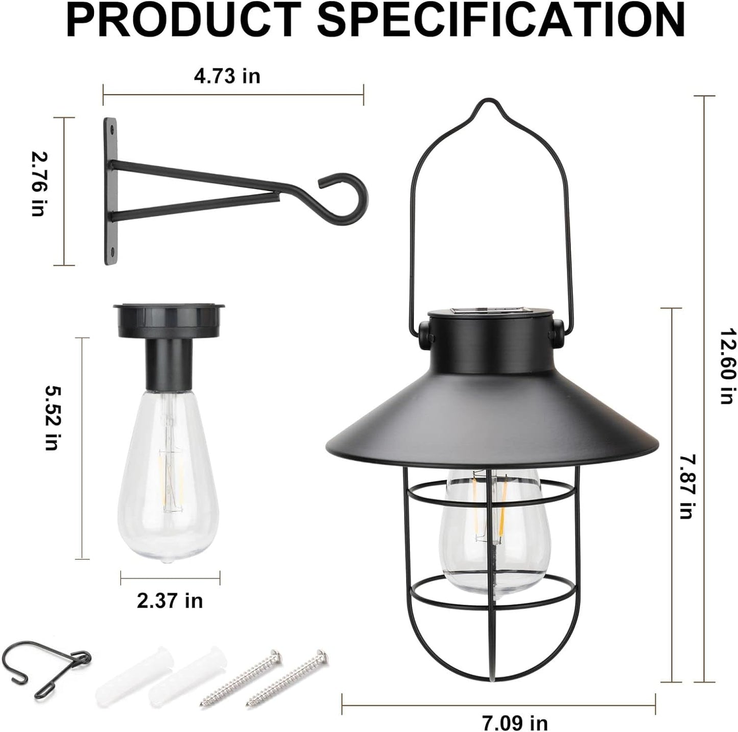 pearlstar Solar Lantern Outdoor 2 Packs Hanging Light Metal Solar Lamp with Warm White Edison Bulb Design for Garden Yard Patio Proch Decor(Black)