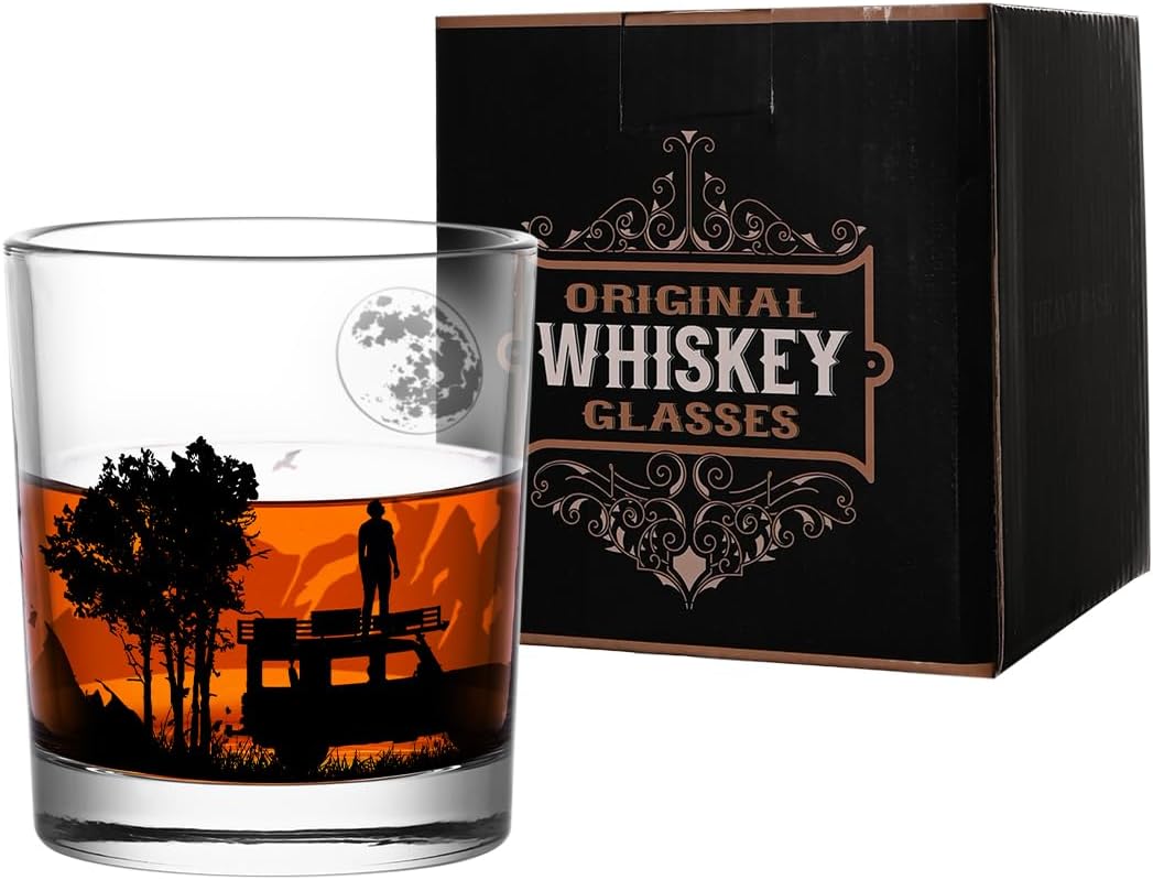 Old Fashioned Whiskey Glasses, Stemless Wine Glasses with Gift Box, 10Oz Rocks Glass for Scotch Cocktail Bourbon Vodka Liquor, Unique Gifts for Dad, Husband, Father's Day, Anniversary