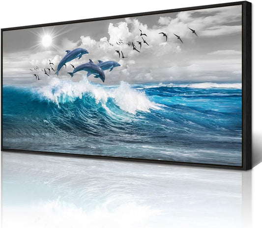 Wapluam Black Framed Wall Decor For Living Room Large Wall Art For Bedroom Blue Waves Of The Sea Wall Pictures Artwork Modern Office Canvas Art Print Dolphins Wall Paintings Ready To Hang 20 X 40