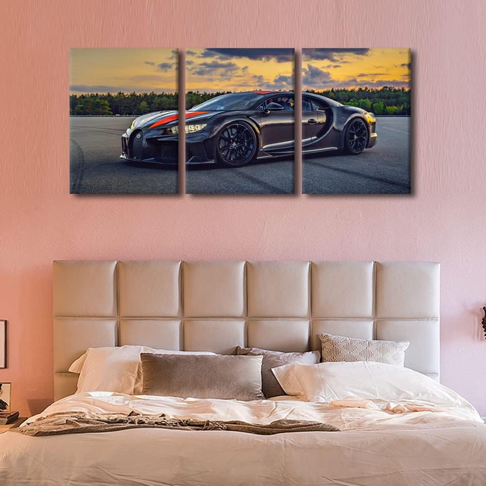 Black Sports Car Canvas Wall Art for Living Room Super Car Modern Abstract Painting Hypercar at Sunset Picture for Men Boys Bedroom 3 Pieces Office Home Wall Decorations Frame Wall Decor, 36"Wx16"H