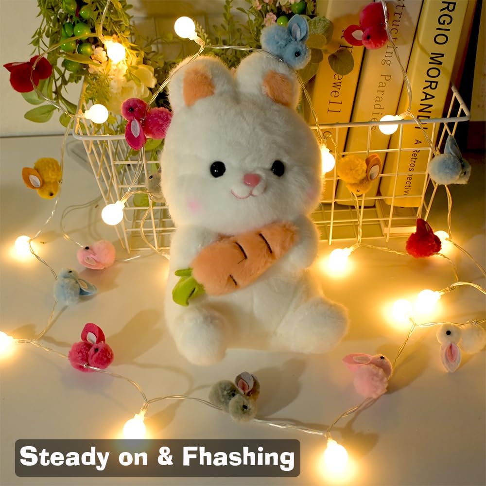 9.85Ft Easter Decor String Lights with Timer 20 Rabbit Shaped Pompoms 20 Ball LED Garland Battery Operated Easter Decorations Bunny Lights for Home Party Kids Room Bedroom Birthday Wedding Indoor