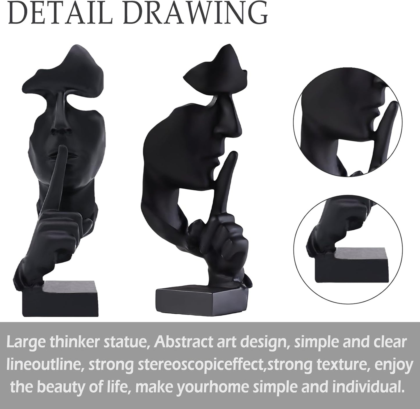 aboxoo Thinker Statue, Silence is Gold Abstract Art Figurine, Modern Home Resin Sculptures Decorative Objects Piano Desktop Decor for Creative Room Home, Office Study Decor (Large Black)