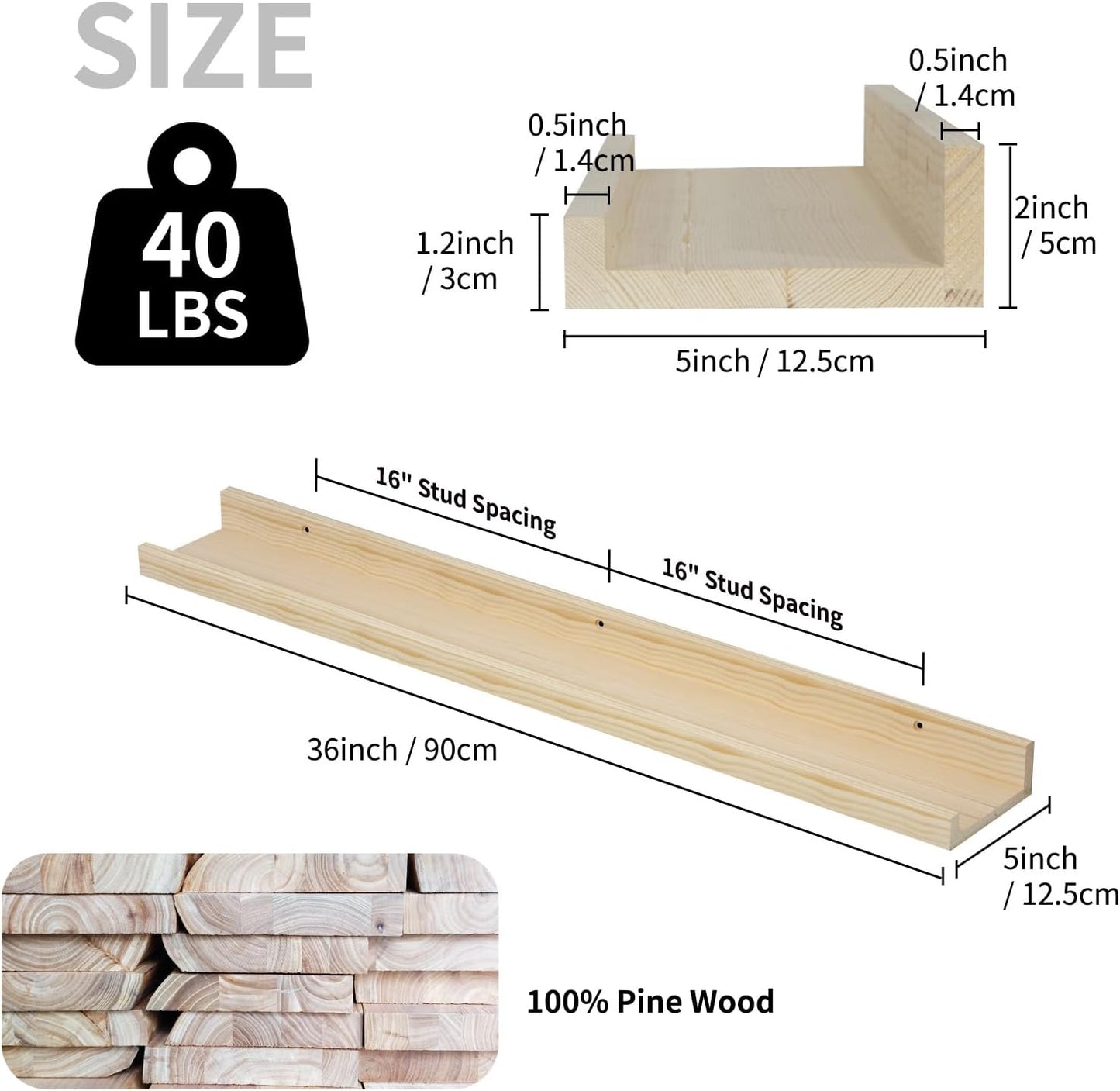 SAUMONIERES Picture Ledge Shelf Floating Book Shelves Set of 2 Wall Mounted Solid Wood for Bedroom Bathroom Living Room Kitchen, 36 Inch Natural