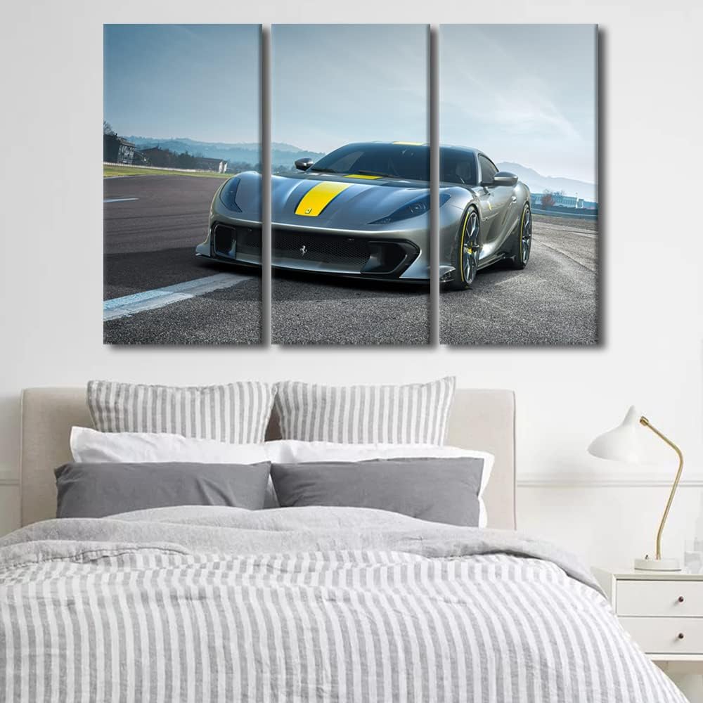 TUMOVO Car Canvas Wall Art for Living Room Home Decor Gray Sports Car Poster Prints on Canvas Supercar Wall Decorations for Men Boys Bedroom Décor Bathroom Office Framed Ready to Hang, 60" Wx40 H