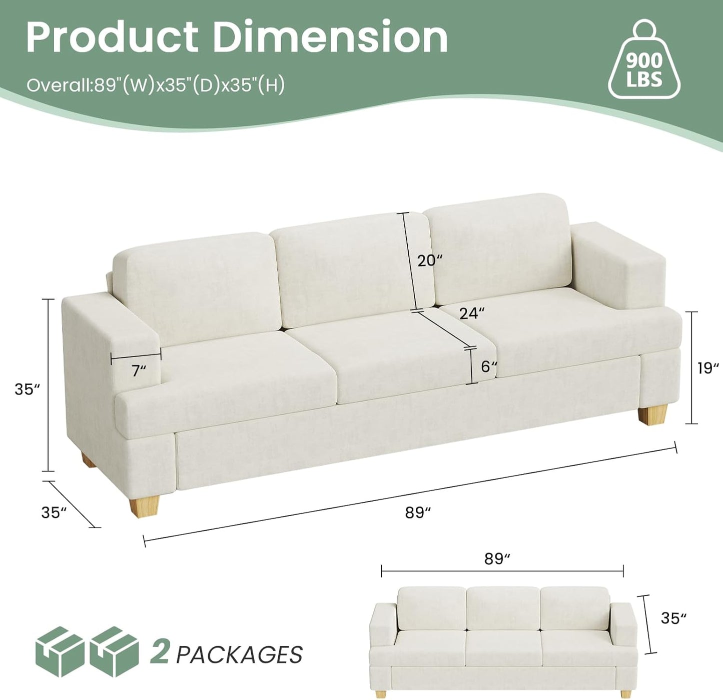 Sofa, 3 Piece Set Comfy Sofa, 2 Loveseat & 3 Seater Couch with Deep Seats for Living Room, Modern Sleeper Couch, Beige Chenille