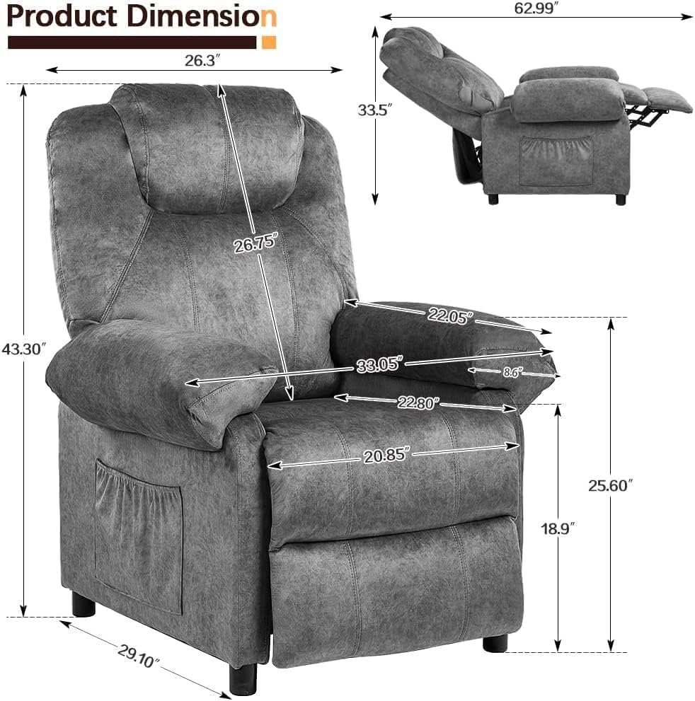 KCREAM Massage Recliner Chair with Heating,Overstuffed Fabric Reclining Chairs for Living Room,Small Recliner Manual Reclining Single Sofa Recliners Lounge Chair,Grey