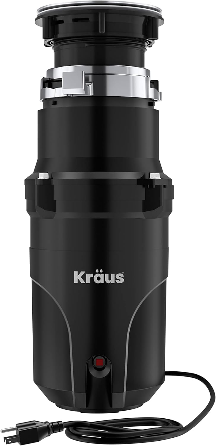 KRAUS WasteGuard 1/3 HP Ultra-Quiet Garbage Disposal with Quick Connect, Kitchen Sink Drain Cover, Power Cord and Flange Included, KWD100-33MBL