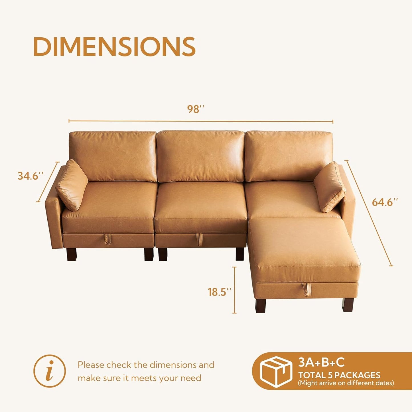 L Shape Modular Sofa, Faux Leather Sectional, 98'' 4 Seater Couch, Mid Century Modern Decor Couch, Office Sectional Sofa Bed, for House, Apartment, Living Room, Tan
