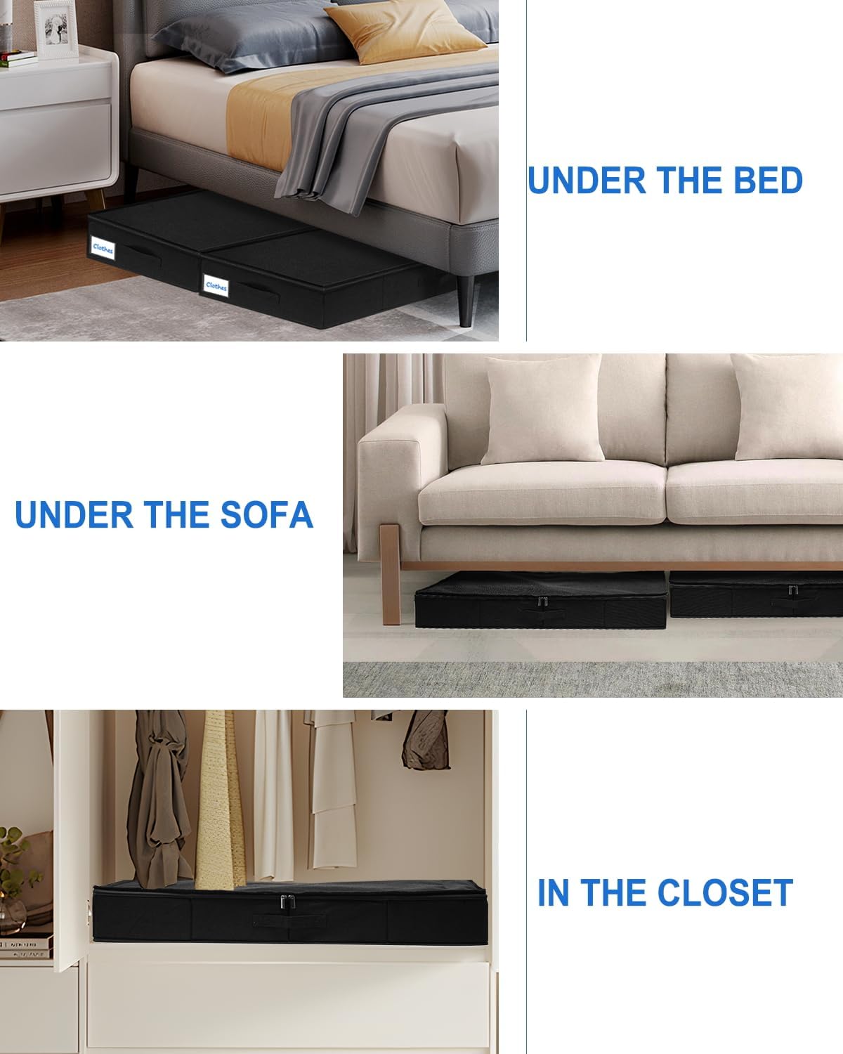 Under Bed Storage Containers, Low Profile Underbed Zipper Storage Bin 4.5 Inches Tall, Shallow Under Bed Storage with Sturdy Side & Bottom Support, Linen Storage with Lid for Sofa and Dorm, 4Pcs Black