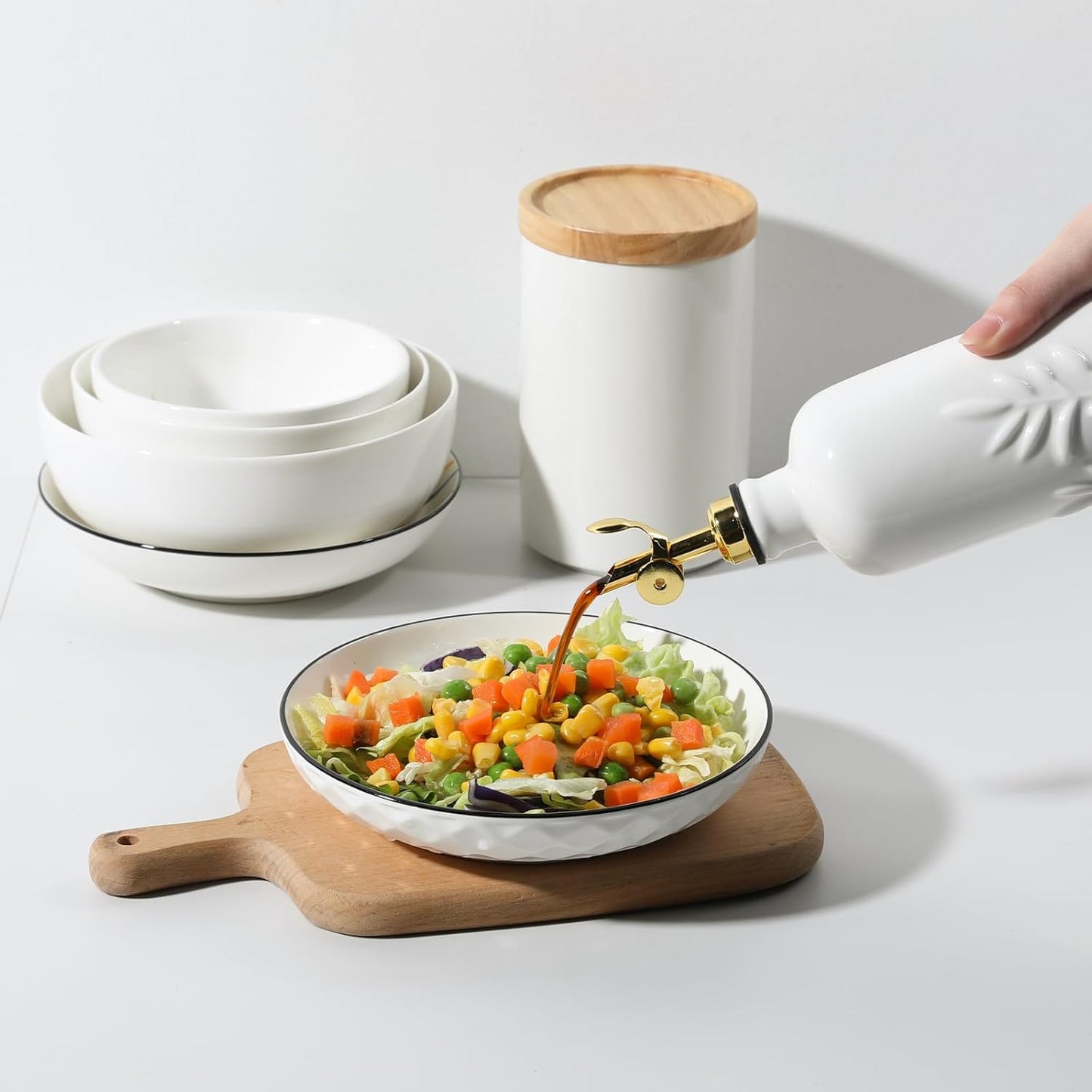 Sweejar 18 Oz Oil Dispenser for Kitchen with Gravity Spout, Ceramic Olive Oil Dispenser Bottle, Relief Opaque Vinegar Container for Evoo, Vinegar, Soy Sauce, Pack of 1(White, Gold Spout)