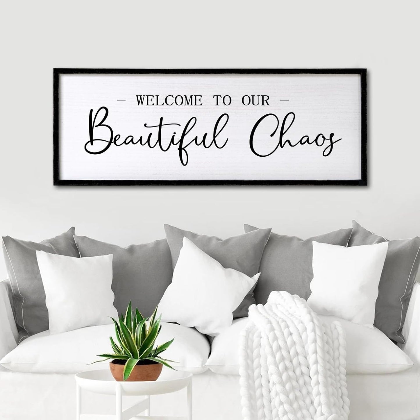 Welcome to Beautiful Chaos Framed Wall Art, 40''×15'' Rustic Horizontal Beautiful Chaos Plaque with Black Frame for Entryway Living Room, Farmhouse Long Welcome to our Chaos Wood Sign Wall Decor