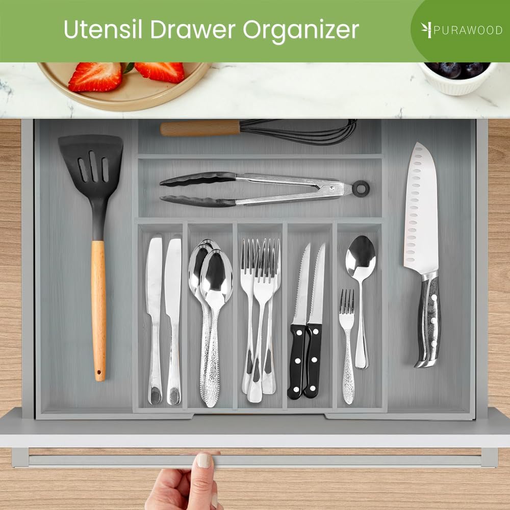 Purawood Bamboo Drawer Organizer - Expandable Silverware Organizer & Utensil Organizer, Cutlery Tray with Dividers, 7-9 Slots - Premium Kitchen Drawer Organizer for Utensils & Flatware (Grey)