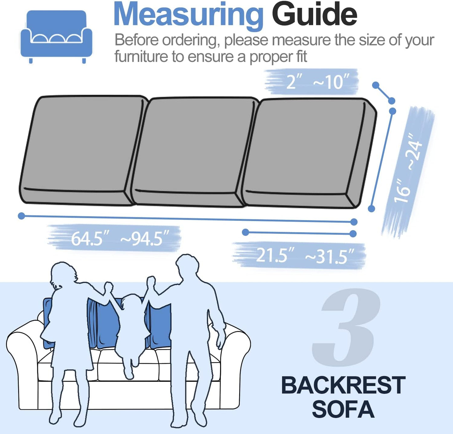 Large Backrest Cushion Covers Super Stretch Backrest Covers for 3 Cushion Couch Sofa, Couch Back Cushion Covers Featuring with Chenille Yarn (Softer Version, 3PC, Dark Grey)