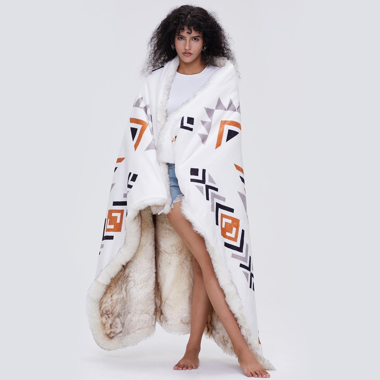 Luxury Plush Faux Fur Throw Blanket with Aztec Pattern, Super Warm, Fuzzy, Elegant, Fluffy Decoration Blanket for Couch, Armchair, Sofa and Bed, 50''x 60'', Cream