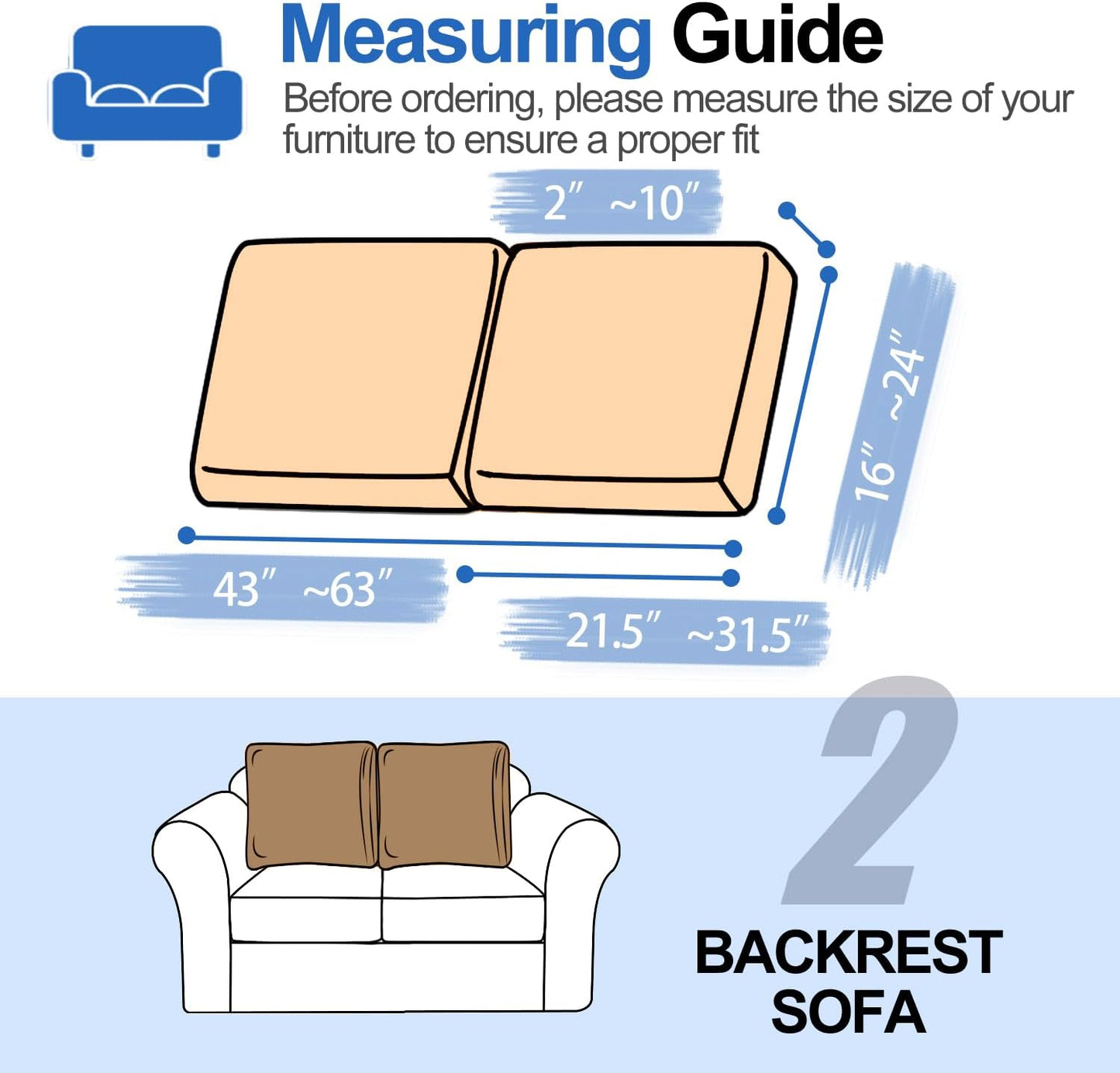 Large Backrest Cushion Covers Super Stretch Backrest Covers for 2 Cushion Couch Sofa, Couch Back Cushion Covers Featuring with Chenille Yarn (Softer Version, 2PC, Khaki)