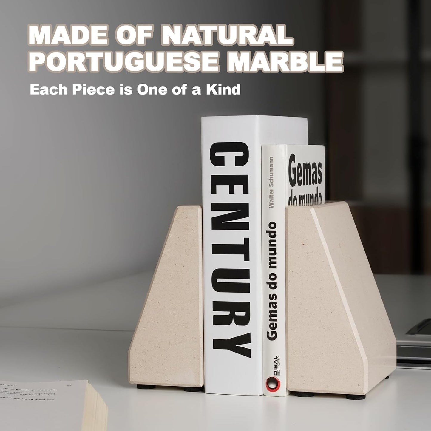 Book End, Natural Marble Bookend for Shelves, Non-Skid Bookends for Heavy Books, Heavy Duty Book Stopper for CDs and Oversized Books, Luxury Book Shelf Holder, Moleanos Beige