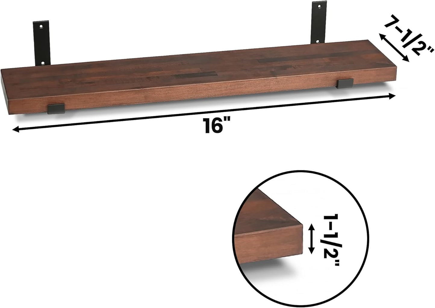 CONSDAN Floating Shelf for Wall Mounted Book Shelf Hanging Shelves Floating Bookshelf for Bedroom, Bathroom, Living Room, Kitchen USA Grown Solid Hardwood, Dark Maple 16x7.5x1.5 in