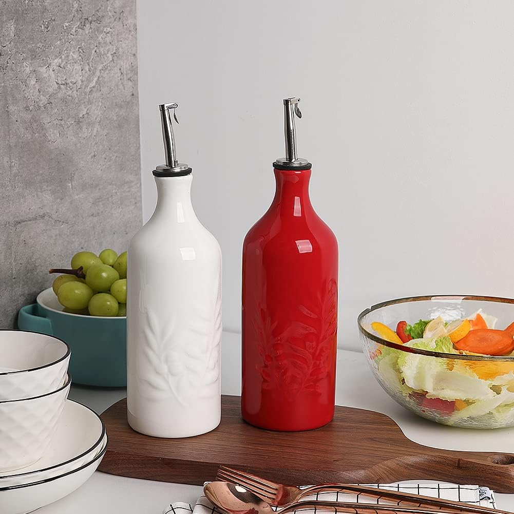 Sweejar Ceramic Olive Oil Dispenser Bottle, 20 Oz Relief Opaque Oil Cruet Protects Oil To Reduce Oxidation, Suitable for Storage Oil, Vinegar, Soy Sauce, Coffee Syrup, Liquids, Set of 1 (Red)