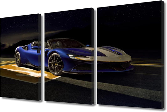 TUMOVO Blue Sports Car Under the Starry Sky Wall Art Painting on Canvas Supercar Bedroom Wall Art Modern Home Decor House Decorations for Living Room Pictures Stretched on Wooden Frame, 36" Wx24 H