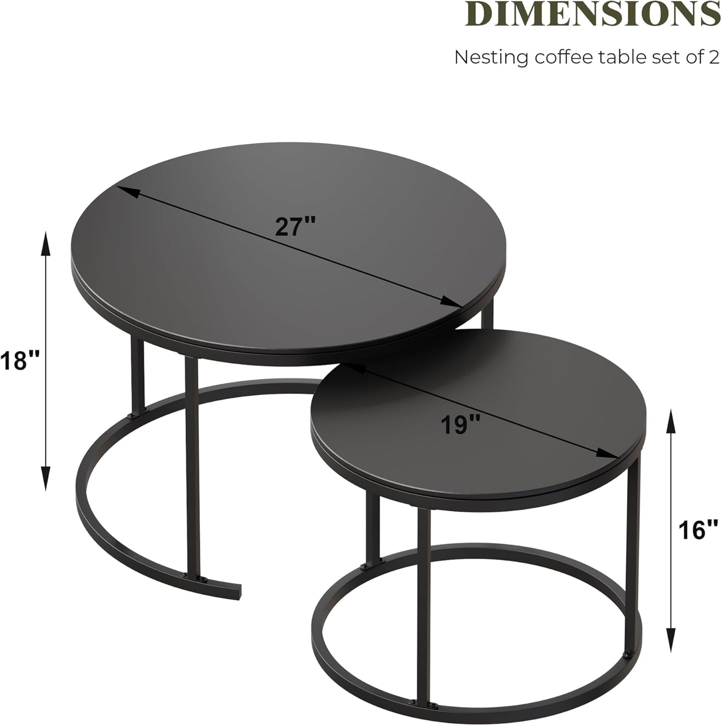 Round Nesting Coffee Table, Black Modern Decorative Coffee Center Table Set of 2, Sintered Stone Coffee Table for Living Room with Sturdy Metal Frame.