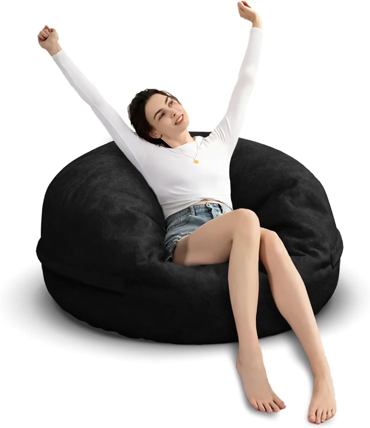Bean Bag Chair for Adults 3FT,Soft Removable Cover for Teens/Girls Bedroom,Fluffy Giant Round Floor Beanbag Lounger Chairs (No Filler,Black)