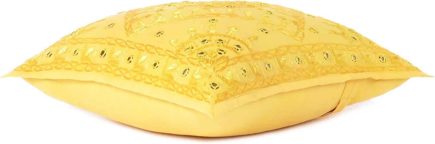 Eyes of India Embroidered Decorative Boho Throw Pillow Cover with Mirrors, Handmade Bohemian Accent Cushion Case for Sofa Couch Bedroom Living Room (Yellow, 24" x 24")