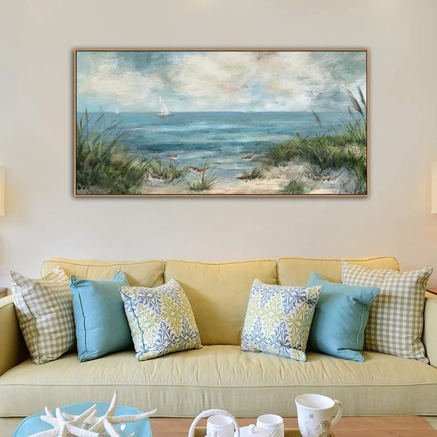 Sea Beach Framed Canvas Wall Art Vintage Seascape Canvas Prints Wall Decor Ocean Sailboat Seagull Canvas Pictures Beach Bird Reed Canvas Painting Artwork Living Room Bedroom Decoration 29" X 58"