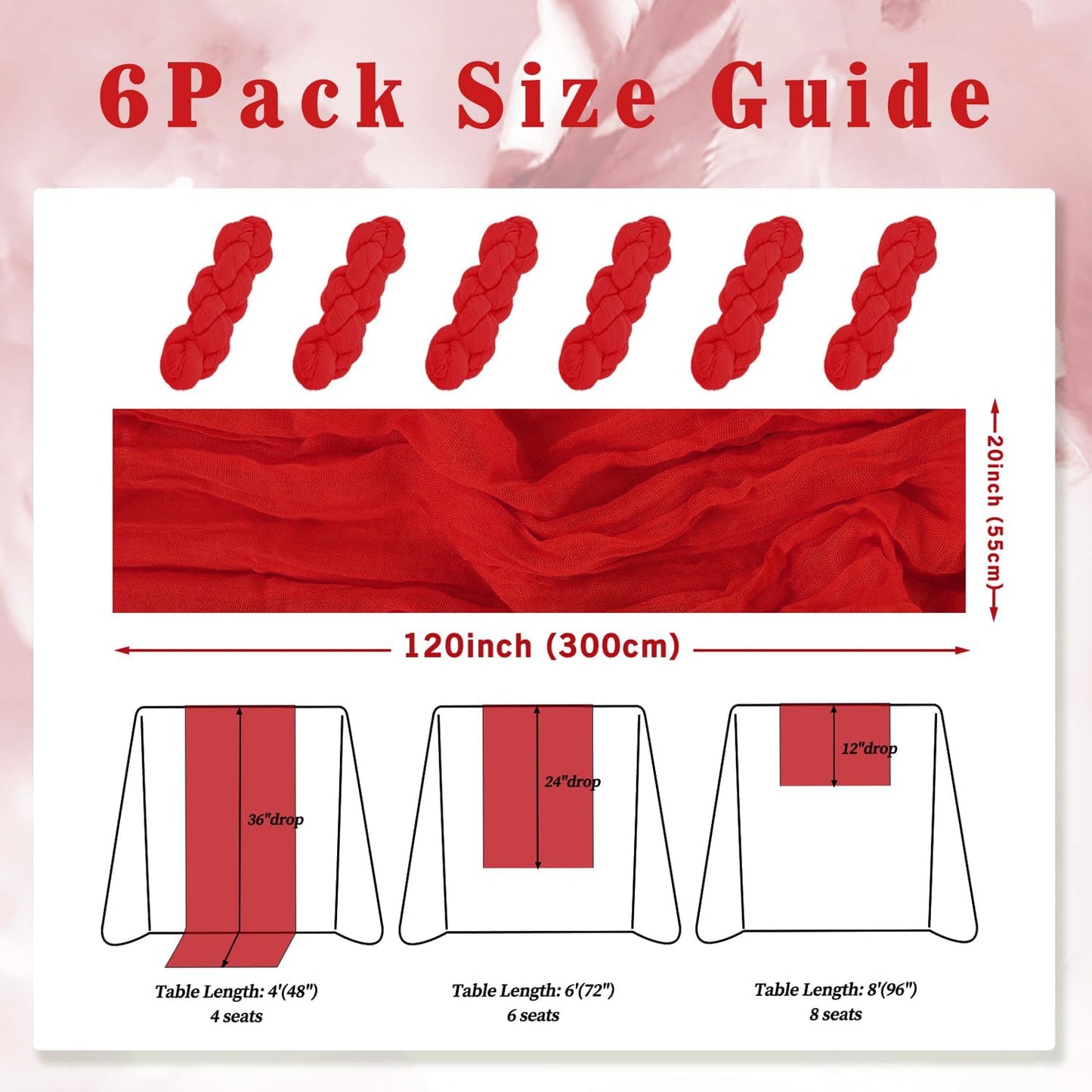 6 Pack Red 10FT Cheesecloth Table Runner Rustic Gauze Fabric Cheese Cloth Table Runner for Wedding Bridal Baby Shower Table Decor Boho Sheer Birthday Party Table Decorations 20 x 120 Inch Long
