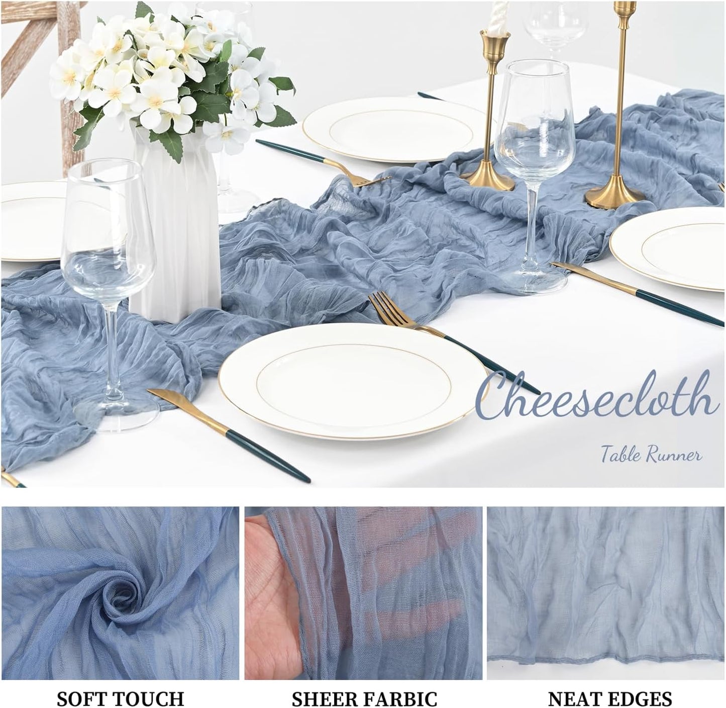 20 Pack Dusty Blue 10FT Cheesecloth Table Runner Rustic Gauze Fabric Cheese Cloth Table Runner for Wedding Bridal Baby Shower Table Decor 20 x 120 Inch Long Boho Sheer Birthday Party Table Decorations