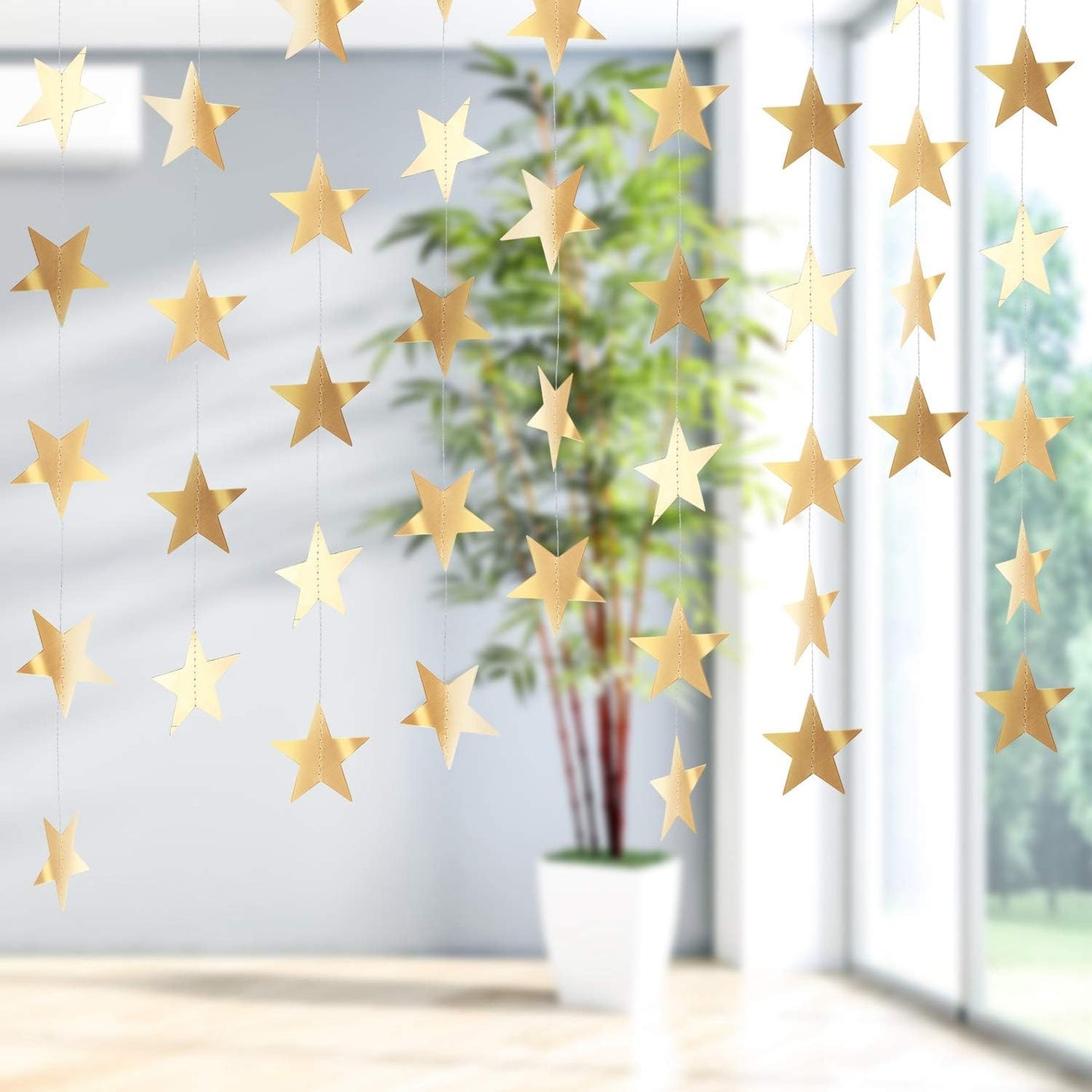 Patelai Glitter Star Garland Banner Decor 130 Feet Star Hanging Bunting Banner Twinkle Backdrop for Homecoming Classroom Wedding Birthday Halloween Christmas Party Supplies(Champagne Gold)