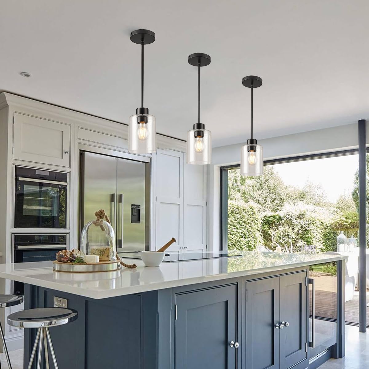 Black Pendant Lights Kitchen Island - Seeded Glass Pendant Light Fixture Multiple Stems Rods 3 Units 12 Inch 3 Units 4 Inch (2 Pack Black Seeded Downrod)
