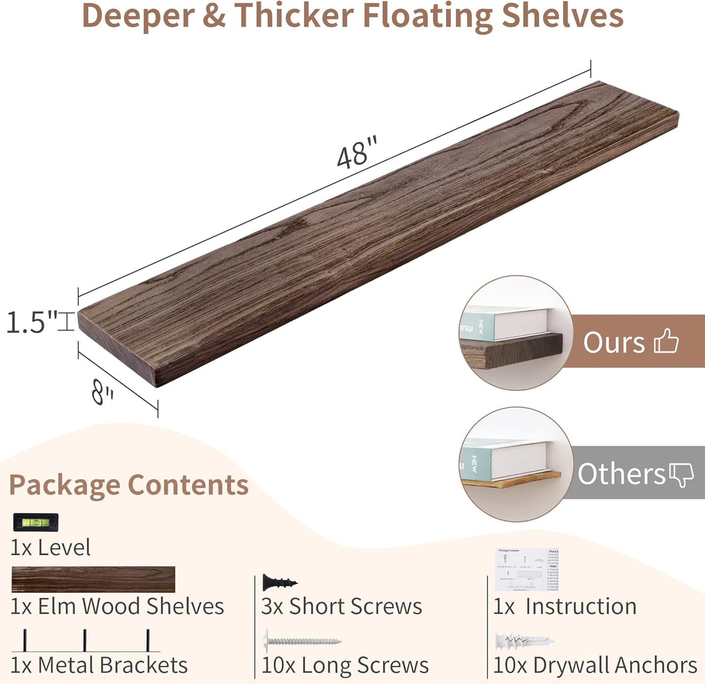 Axeman Floating Shelves for Wall, Rustic Elm Wood 48'' x 8" Deep Wall Shelf with Invisible Bracket, Large Long Wall Mounted Storage Shelves for Living Room, Bedroom, Kitchen, Bathroom Decor, Walnut