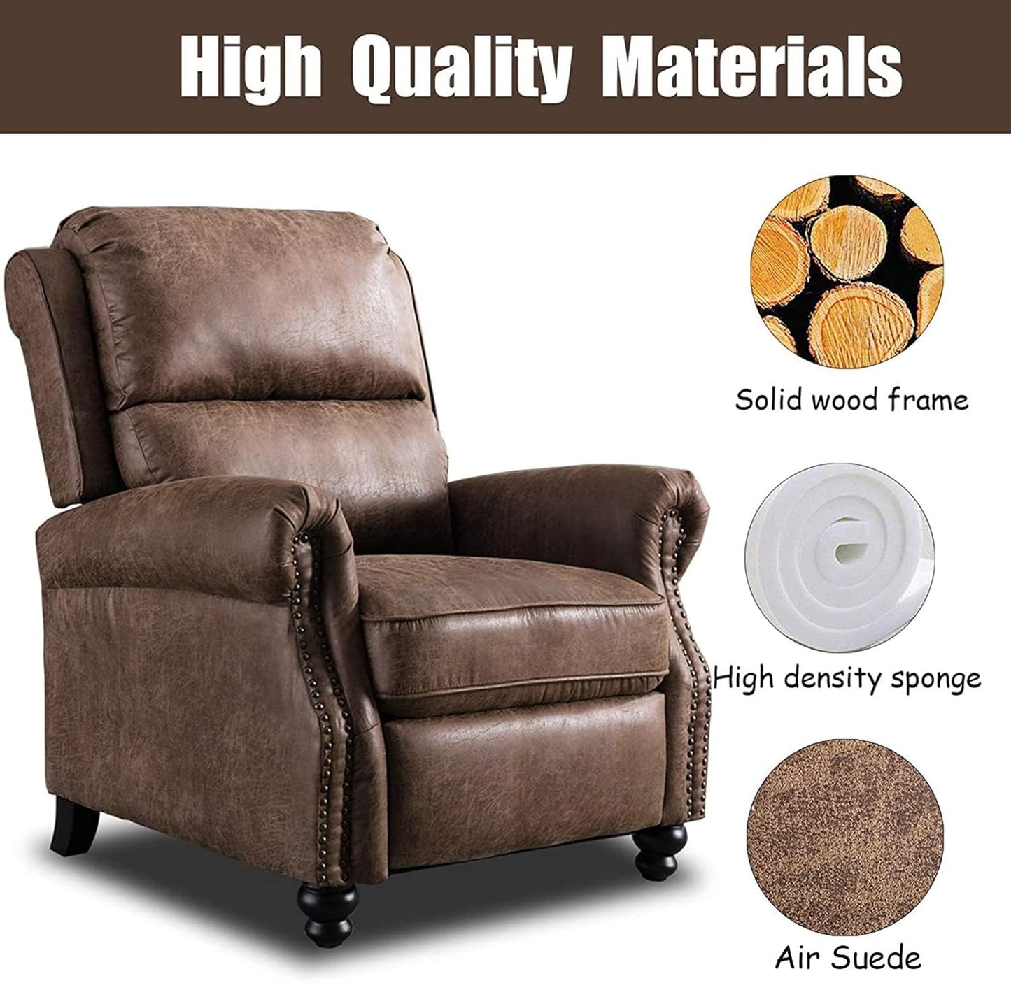 CANMOV Pushback Recliner Chair Set of 2, Faux Leather Armchair Push Back Recliner with Rivet Decoration Single Sofa Accent Chair for Living Room, Chocolate