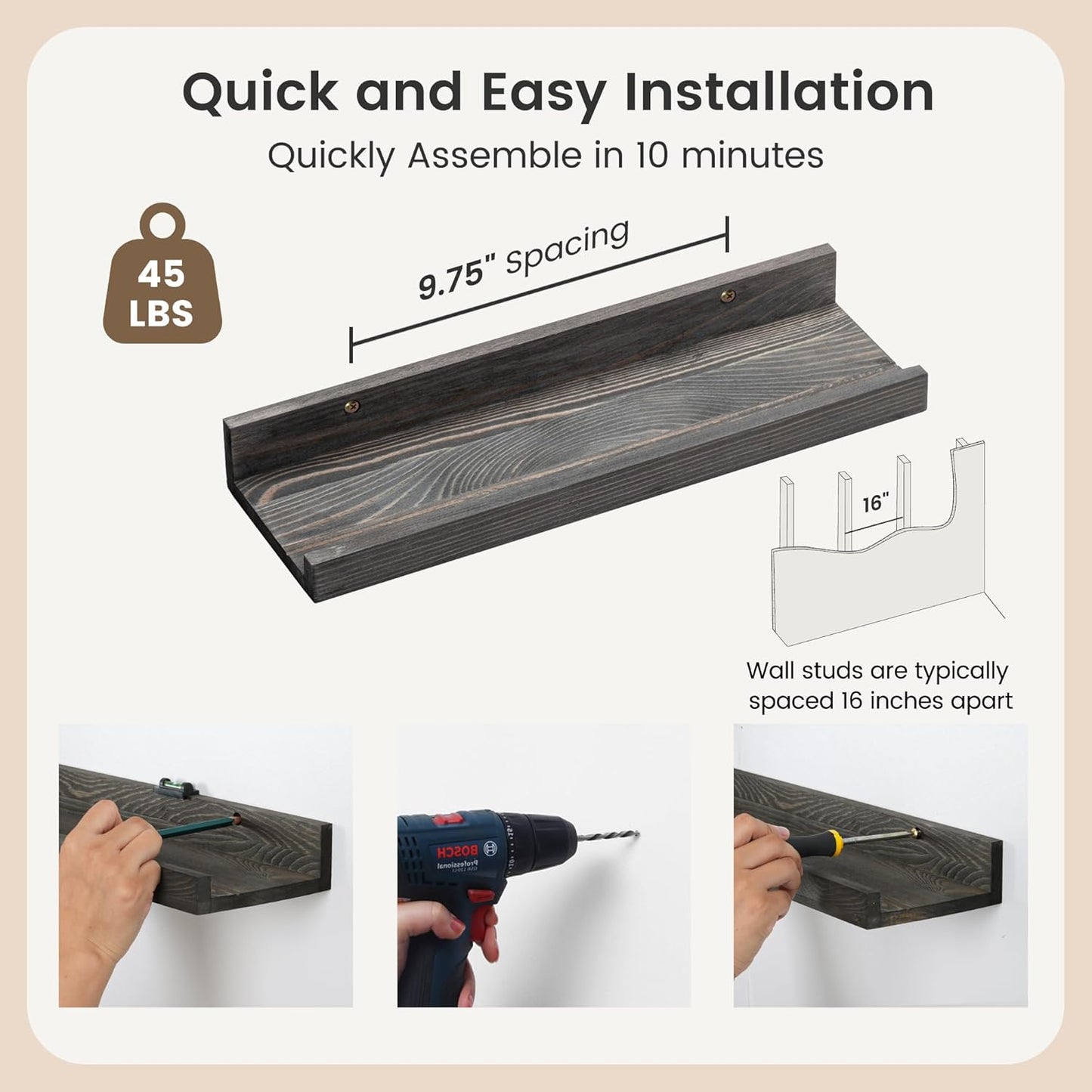 Picture Ledge Wall Shelves - Set of 3, 16 Inch Width, Solid Pine Wood Rustic Floating Ledge Shelves for Kids' Room, Bedroom, Kitchen, Bathroom, Living Room, Nursery Display Decor, Grey