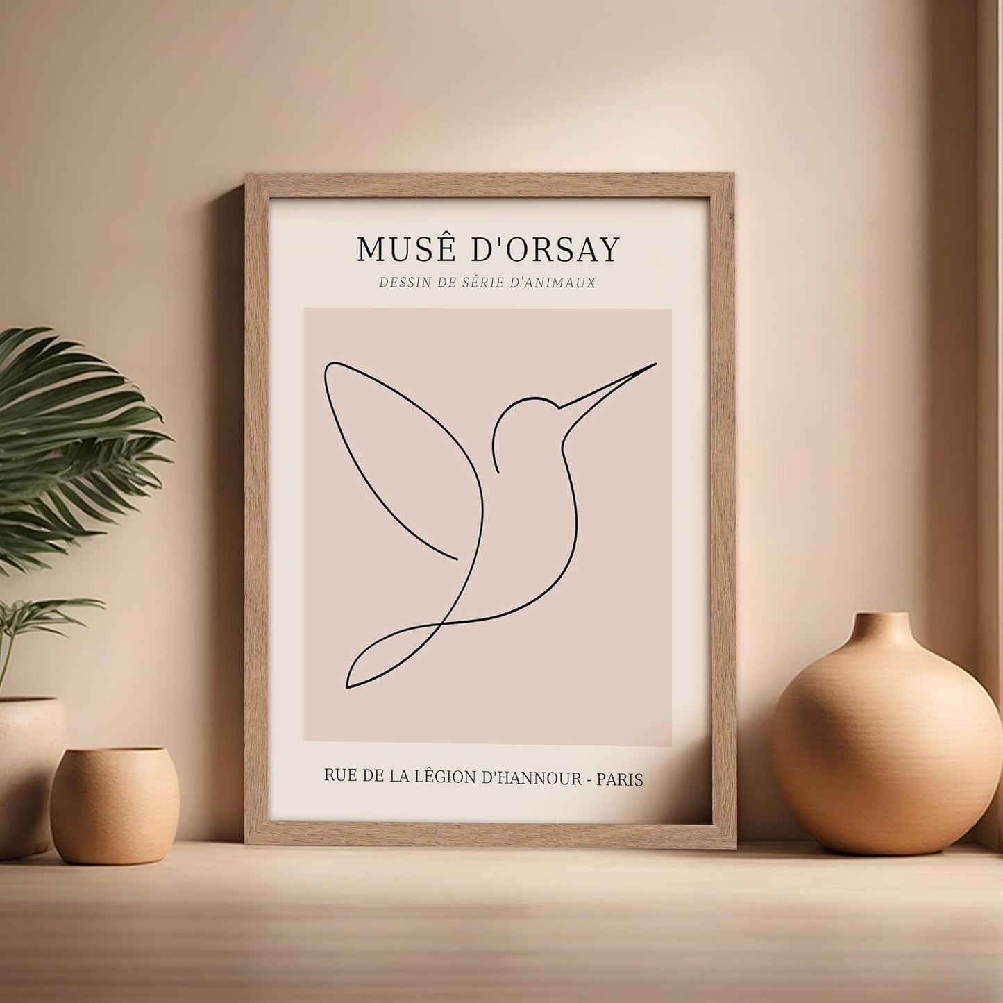 Poster Master Vintage Poster - Retro One Line Hummingbird Drawing Print - Bird Line Art - Minimal Gift for Him, Her, Animal Lover - Abstract Decor for Home, Office, 16x20 Beige Framed